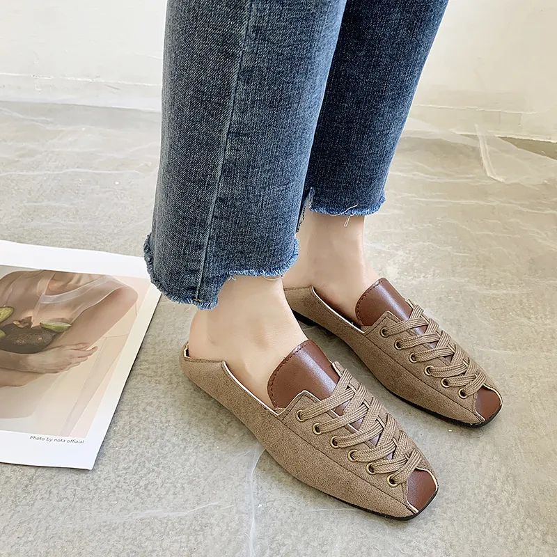 One-legged Peas Shoes Square Toe All-match Shallow Mouth Flat Single Shoes Women - Brown