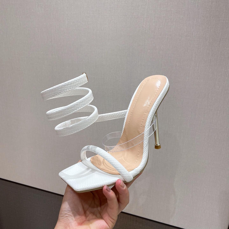 Roman Snake Winding Sexy Square Toe Metal Stiletto Sandals White - Shop at LoveMi