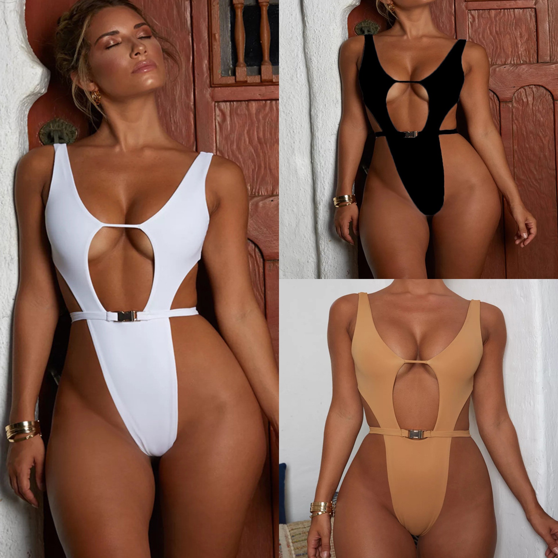 Title 4, One-piece buckle plain swimsuit