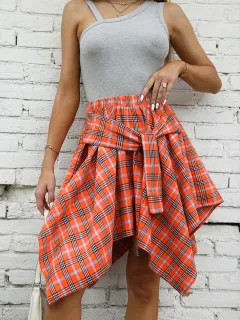 Women's Fashion Irregular High Waist Plaid Tie-Sleeve Skirt - Orange Plaid - View 1