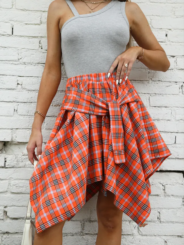 Women's Fashion Irregular High Waist Plaid Tie Sleeve Skirt Orange Plaid - Shop at LoveMi