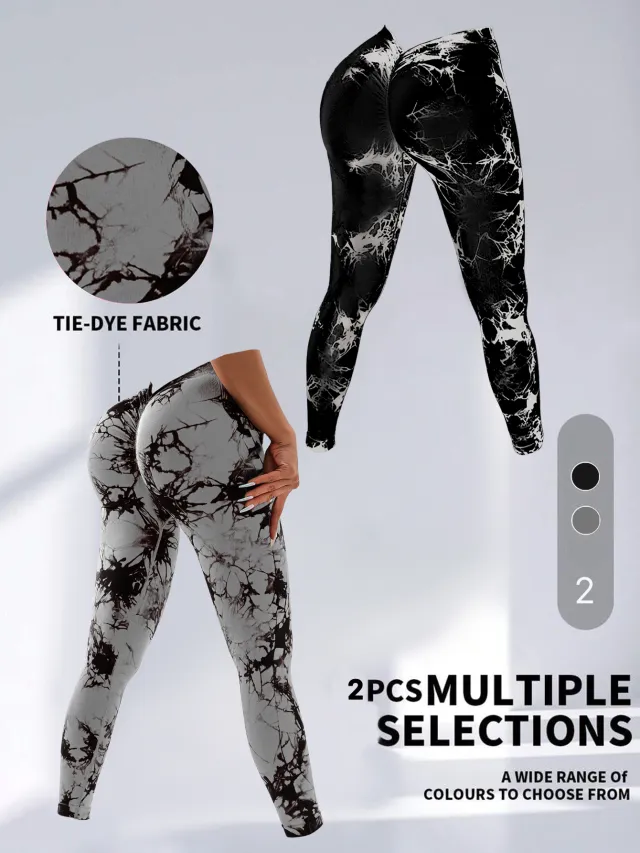2 Pack Tie Dye High Waist V Back Yoga Leggings, Peach Hip Enhancing Athleisure Tights, Sport Style Fitness Pants 2Pack2 - Shop at LoveMi