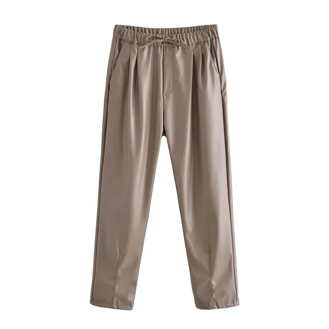 Pure Color Elastic Waist Long Casual PU Leather Pants Marten - Shop at LoveMi