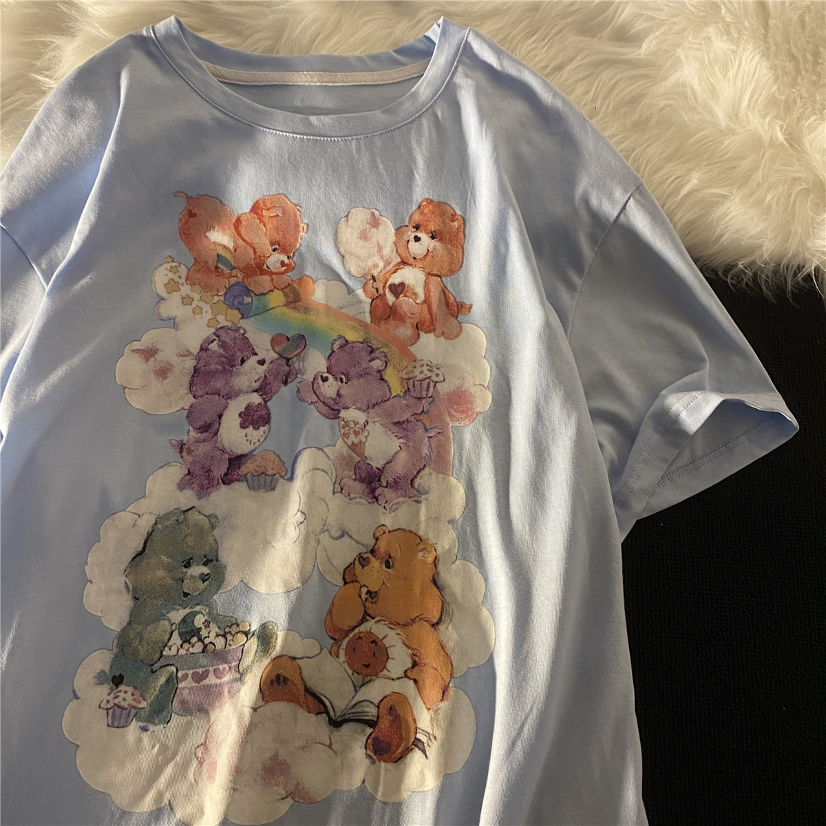 Vintage Girl Japanese Milk Blue Bear Short-sleeved T-shirt Tide Summer Loose Retro Ins Harajuku Style Compassionate Top