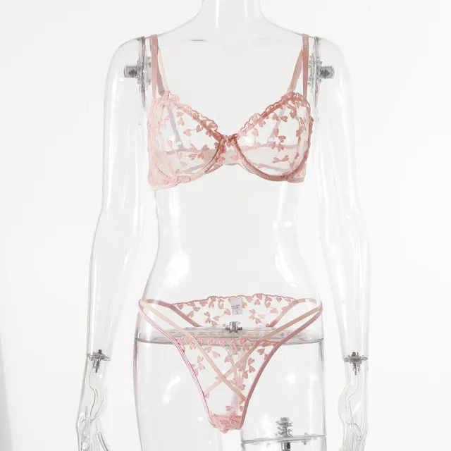 European And American Women's Crochet Lace Perspective Bow Lingerie Pink - Shop at LoveMi