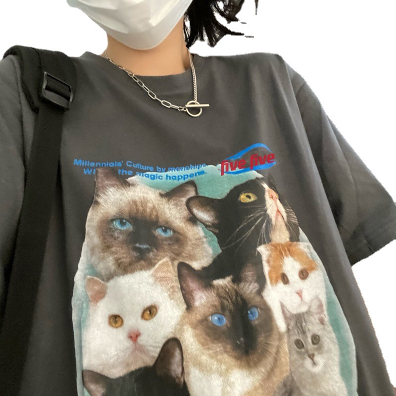 Women's Summer Korean Style Cat Print Half Sleeve T-shirt