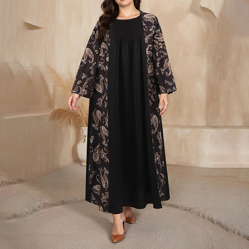 Women's Plus Size Bohemian Floral Printed Maxi Dress, Pleated Front Long Sleeve Crew Neck Loose Fit Black - Shop at LoveMi