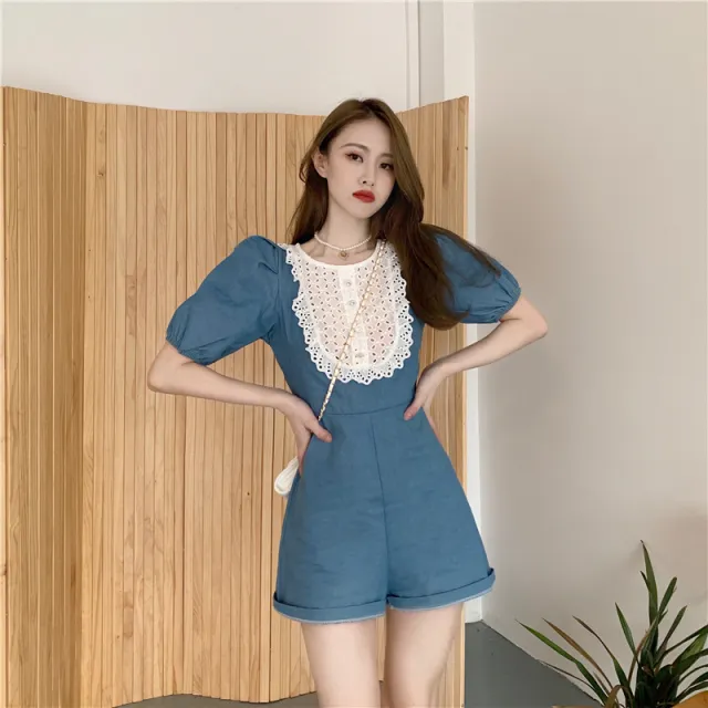 Lotus Leaf Lace Cutout Embroidery Stitching Denim Jumpsuit Blue - Shop at LoveMi