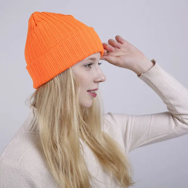 Solid Color Straight Stripe Curling Double Layer Warmth Ladies Woolen Hat Orange - Shop at LoveMi