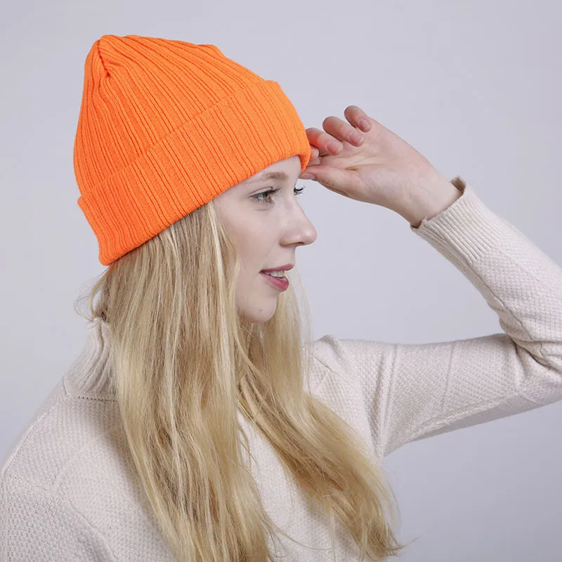 Solid Color Straight Stripe Curling Double Layer Warmth Ladies Woolen Hat - Orange