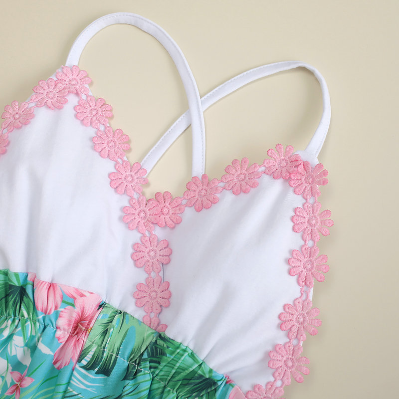 Lace Floral Print Jumpsuit Multicolor Suspenders