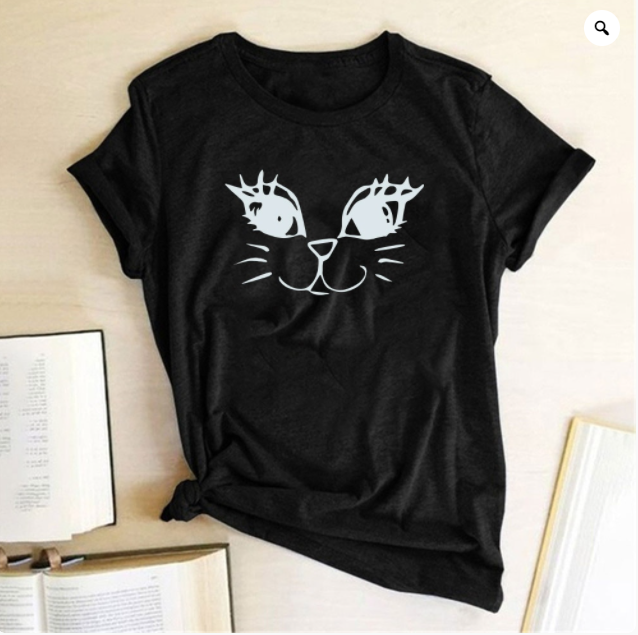 Title 2, Short-sleeved T-shirt Female Round Neck Cat Print