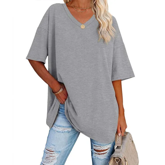 European And American Women's Loose Short sleeved V neck T shirt Light Grey - Shop at LoveMi