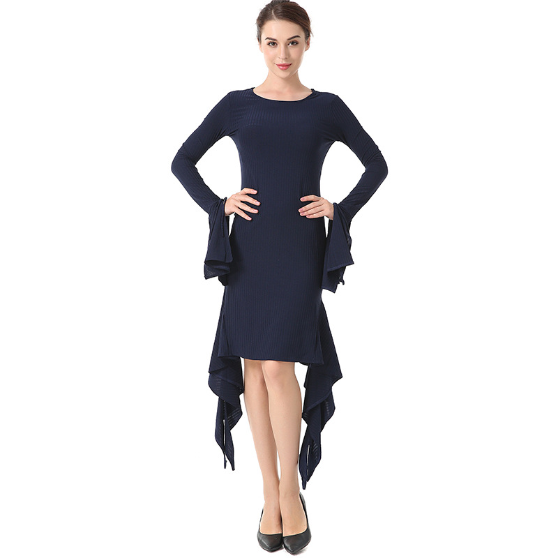 Long Sleeve Round Neck Petal Sleeve Solid Color Dress