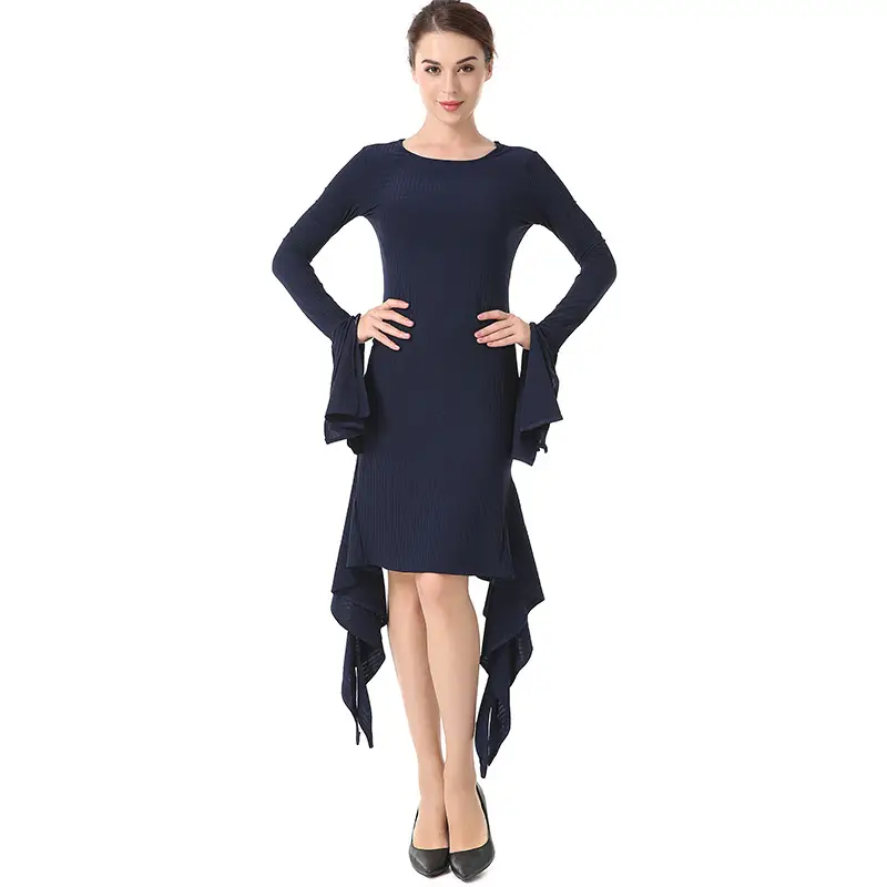 Long Sleeve Round Neck Petal Sleeve Solid Color Dress