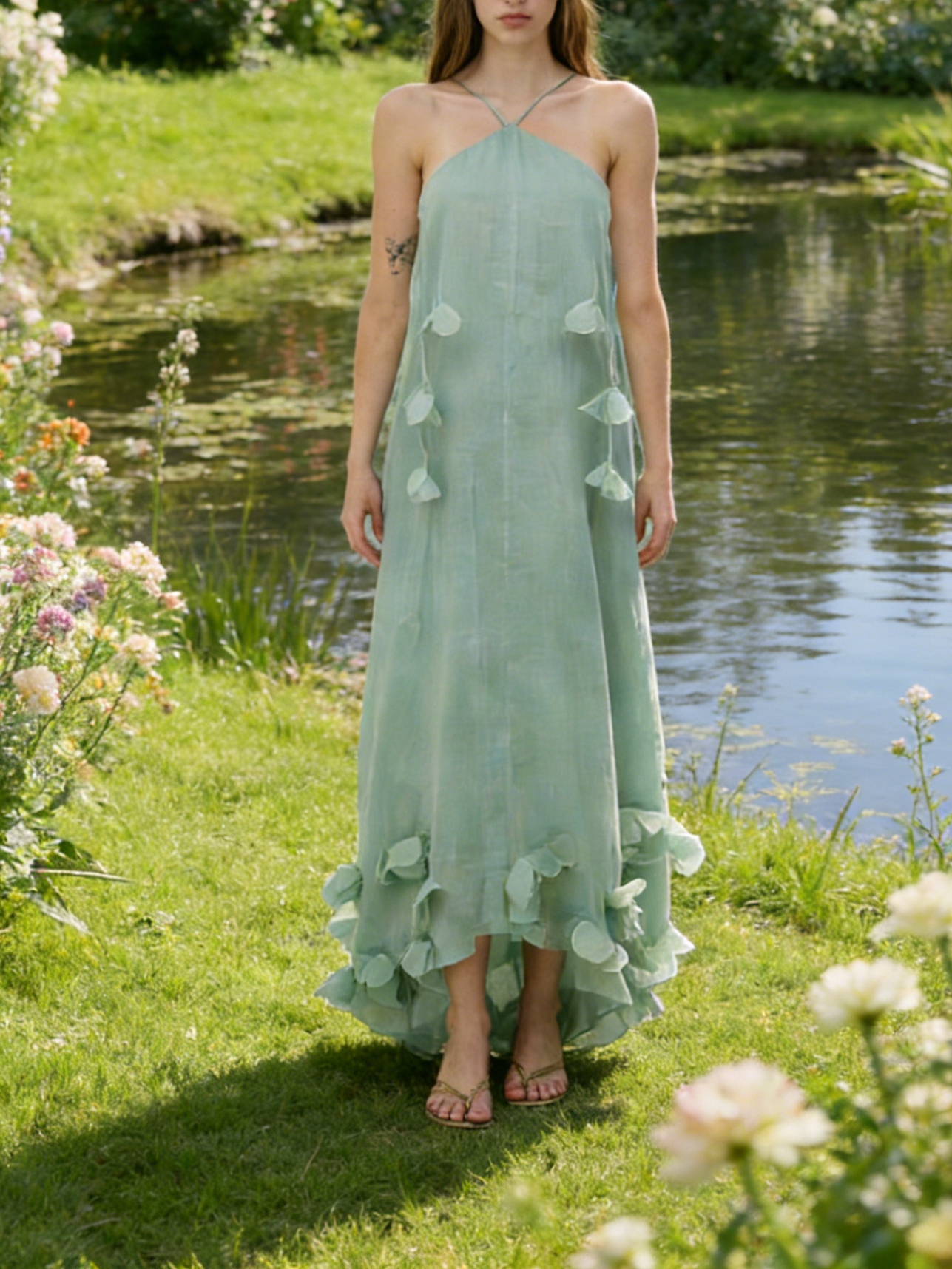 Mint Green 3D Petal Decor Cross Halter Maxi Dress Green - Shop at LoveMi