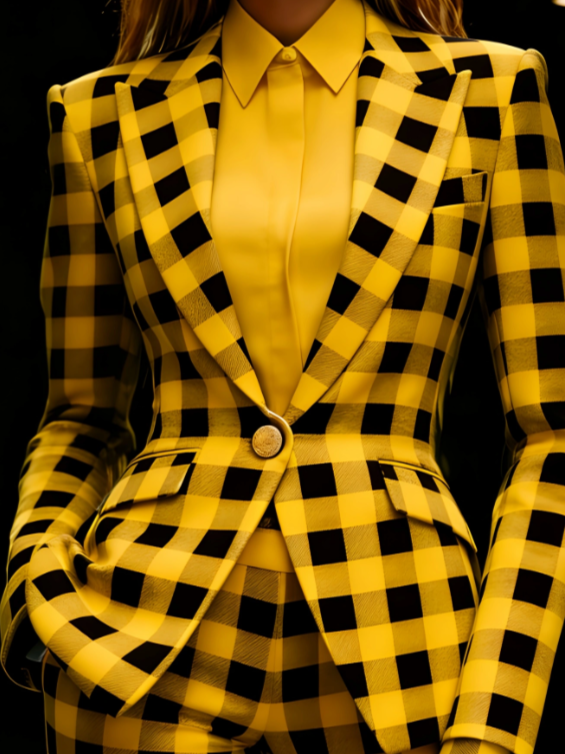 Houndstooth Lapel Slim Fit Suit Jacket For Women, Long Sleeve