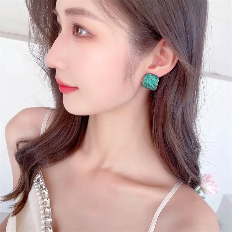 Zircon Inlaid Silver Pin Earrings Elegant Temperament
