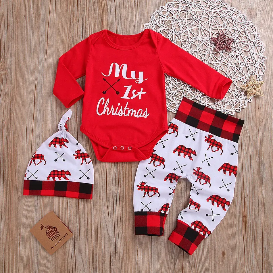 Christmas Long-sleeved Letter One-piece Romper Three-piece Suit