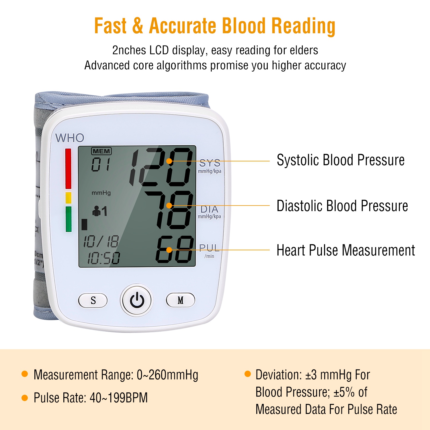 1Pc Blood Pressure Monitor Wrist Digital High Blood Pressure Cuff Heartbeat Tester With 90x2 Reading Memory 2In LCD Screen Storage Box