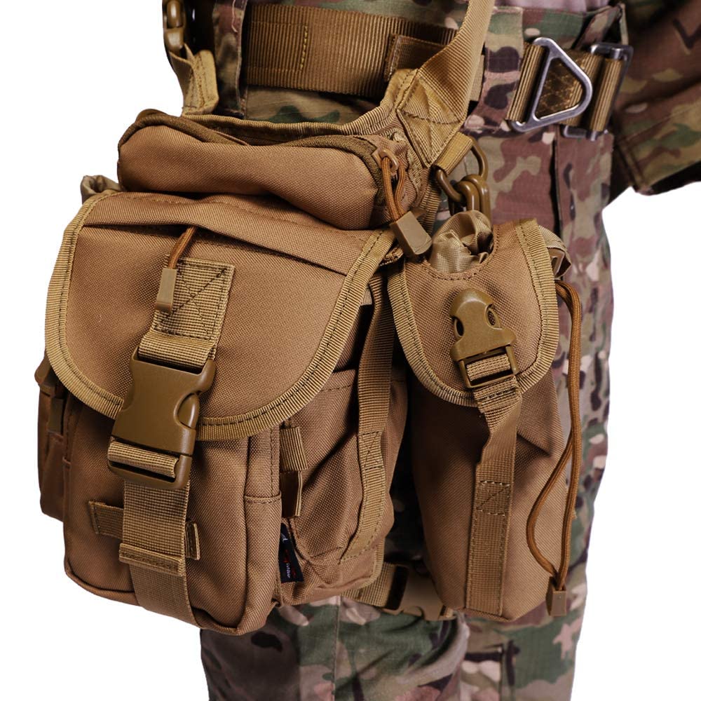 Waterproof Tactical Leg Pouch for Outdoor Activities. HIGH QUALITY: Made of 900D high density Oxford - waterproof and wear resistant. 8.3 inches wide x 11.9 inches high x 5 inches long The waist and down leg straps are adjustable to make your movements mo