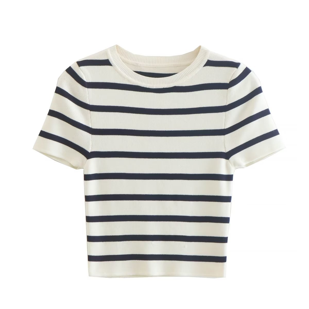 Title 4, Two-color Short Knitted Top with Slim Striped D...