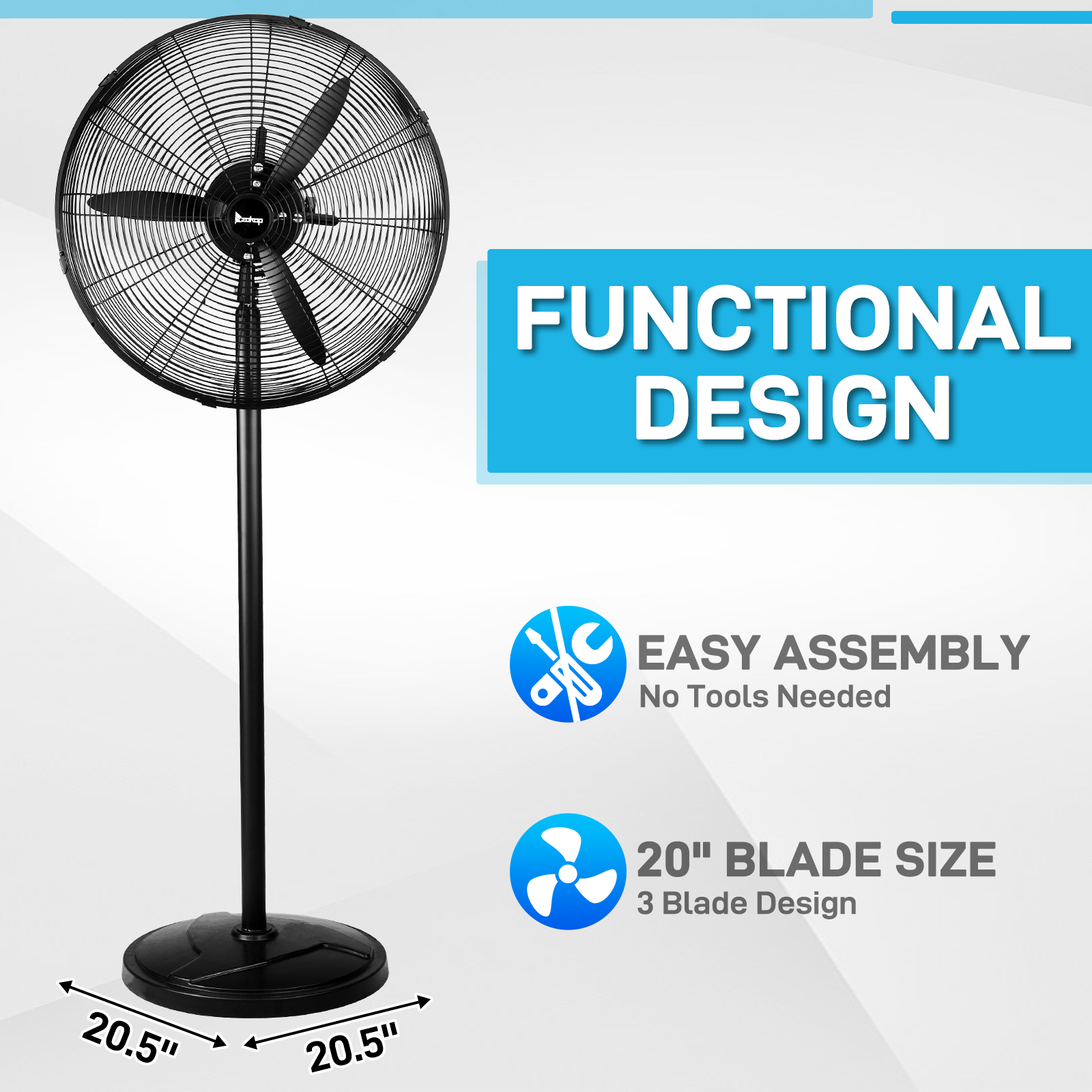 20 Inch Oscillating Pedestal Floor Fan, 5000 CFM High Velocity Standing Fan With BLDC Copper Motor, 4 Speeds Adjustable Height & Tilt Aluminum Blades Metal Industrial Fan For Garage Workshop Comm — foto 6