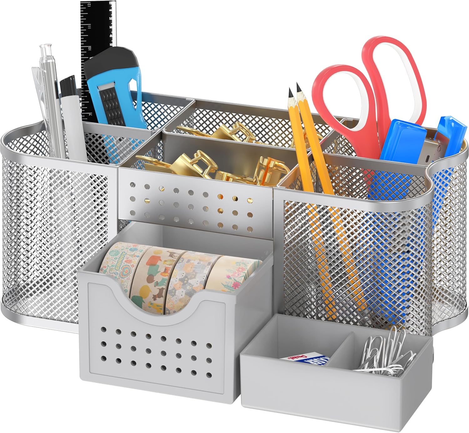 Silver Mesh Desk Organizer And Pen Caddy, Desktop Storage Holder For Pens, Pencils, Office Supplies And Accessories