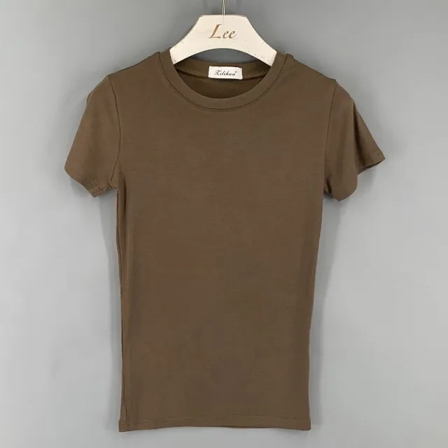 Western style Solid Color Short sleeved Bottoming Top Coffee - Shop at LoveMi