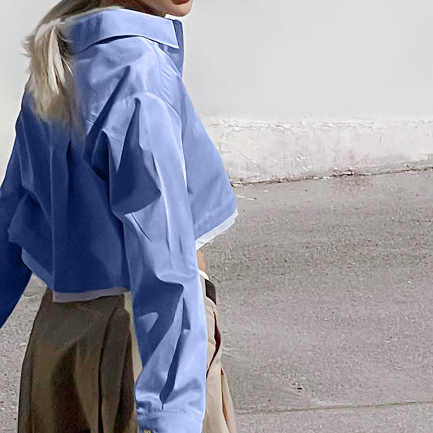 European And American Long Sleeve Short Patchwork Contrast Shirt