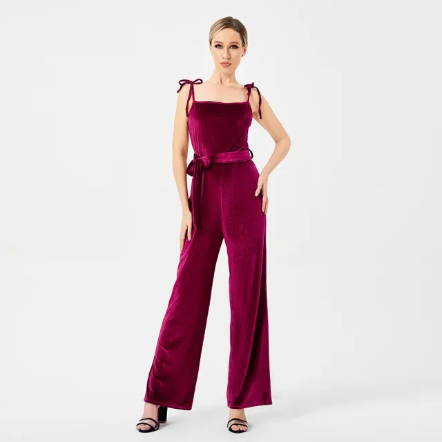 Women's New Halter Tie Velvet Jumpsuit Red - Shop at LoveMi