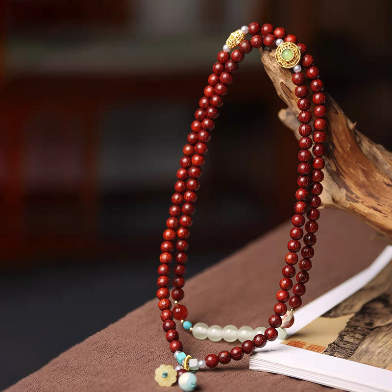 Men's And Women's Lobular Red Sandalwood DIY Bell And Drum Food Jade Bracelet