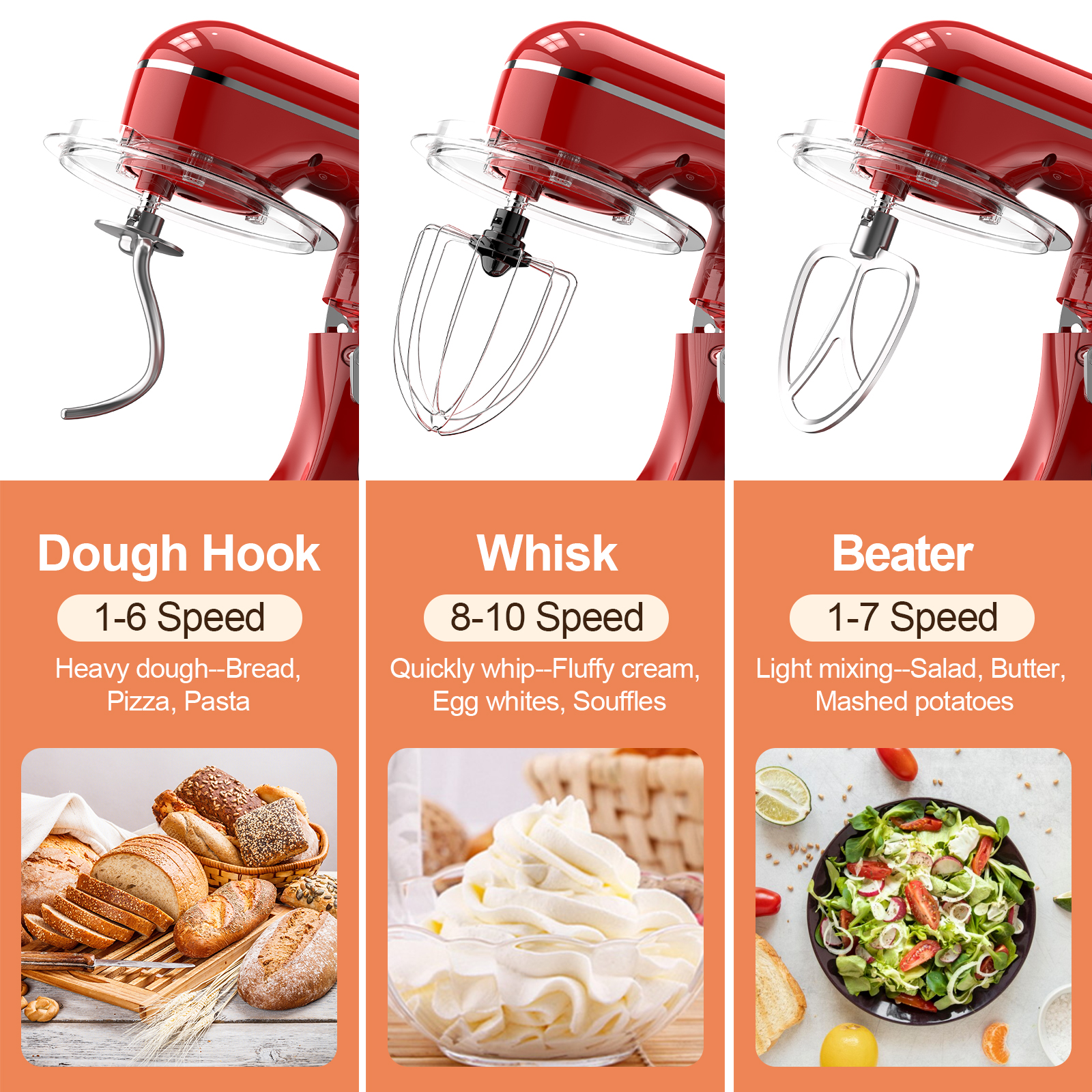 electric stand mixer with attachments and accessories in empire red color