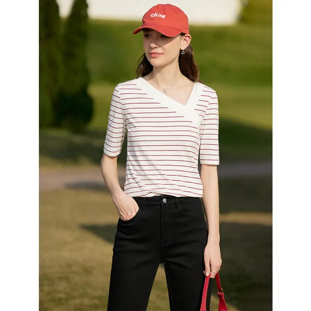 V neck Fake Diagonal Placket Medium Sleeved T shirt Red - Shop at LoveMi