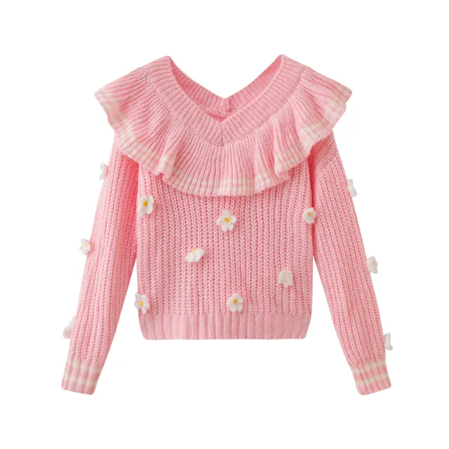 Three dimensional Flower V neck Ruffle Thickened Sweater Pink - Shop at LoveMi