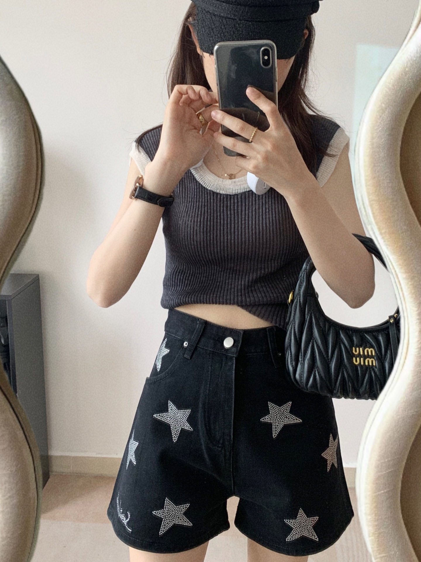 Light Luxury Silver Black Rhinestone Shorts For Women