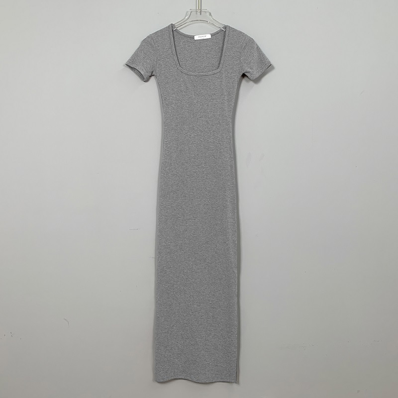 Long Knee Length Solid Color Short Sleeved Square Neck Dress