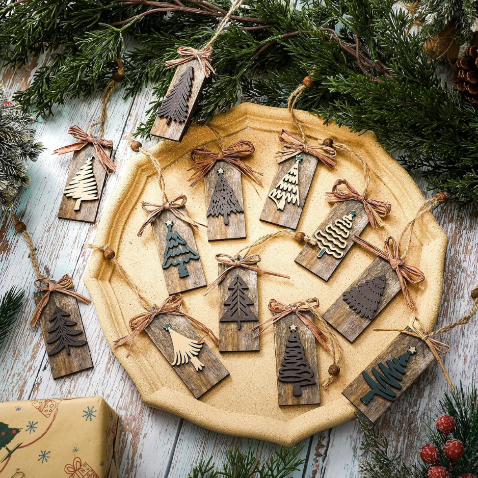 24Pcs Rustic Wooden Christmas Tree Ornaments, Farmhouse Brown Decor