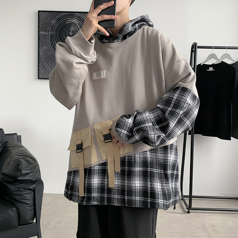 Plaid Stitching Hooded Workwear Fashionable And Loose