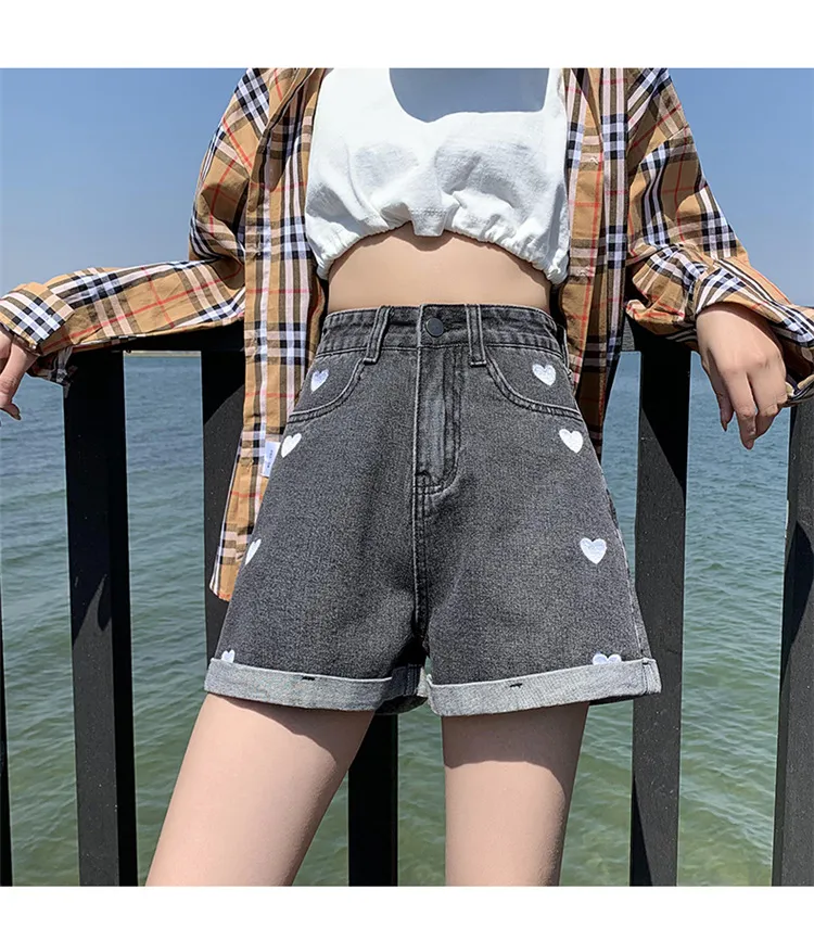 Female With Hearts High Waist Slimming Denim Shorts - Gray