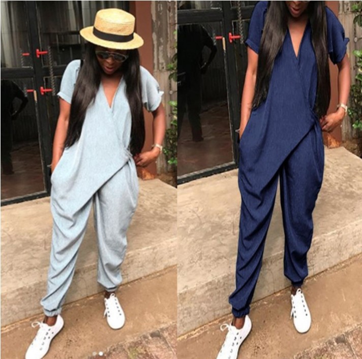 Title 4, Ladies Casual Short Sleeve Deep V Loose Jumpsuit