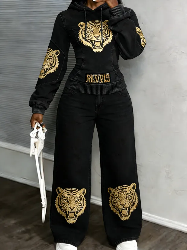 Trendy Cool Distressed Denim Hoodie And Wide Leg Pants Two Piece Set Black - Shop at LoveMi