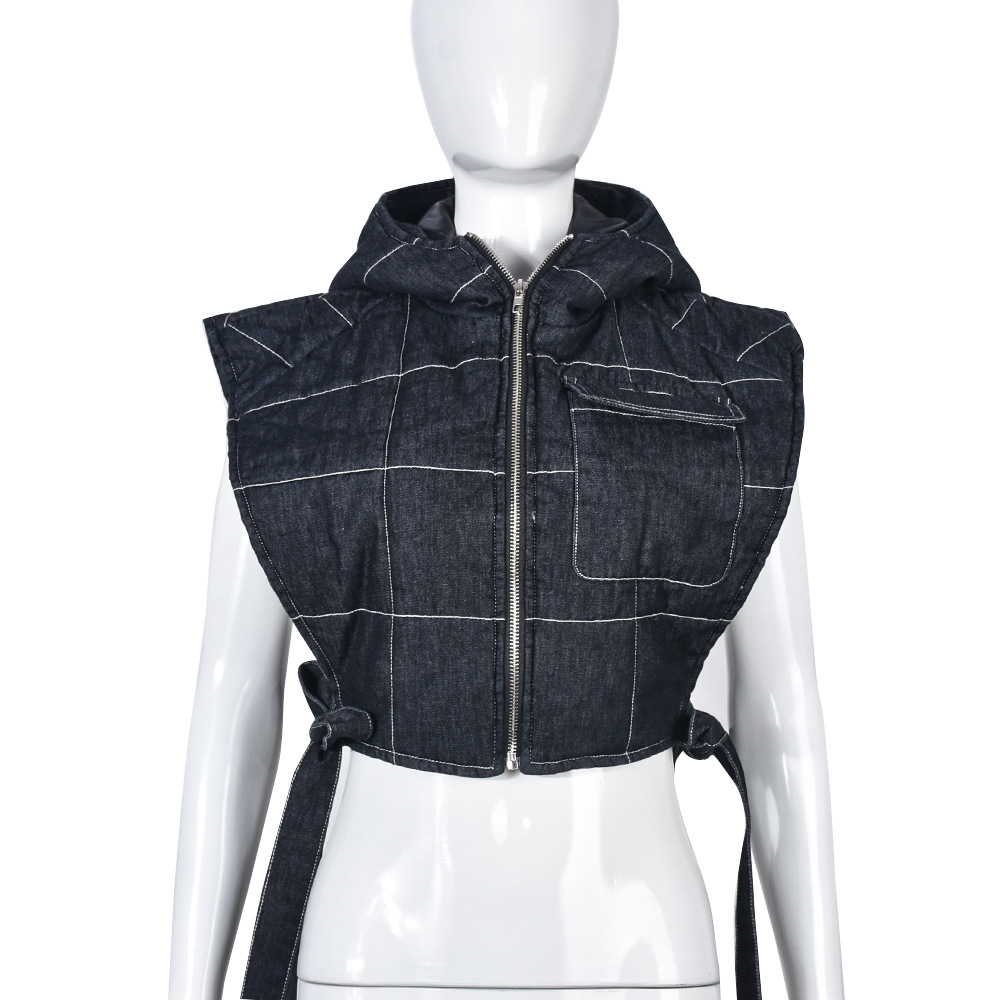 Women's New Denim Filled Cotton Hollowed Out Binding Hooded Trend Vest Black - Shop at LoveMi