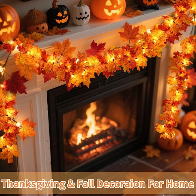 10FT 50 LED Fall Garland With Lights, Battery Operated Timer Garland With Orange Bulbs For Autumn Decor