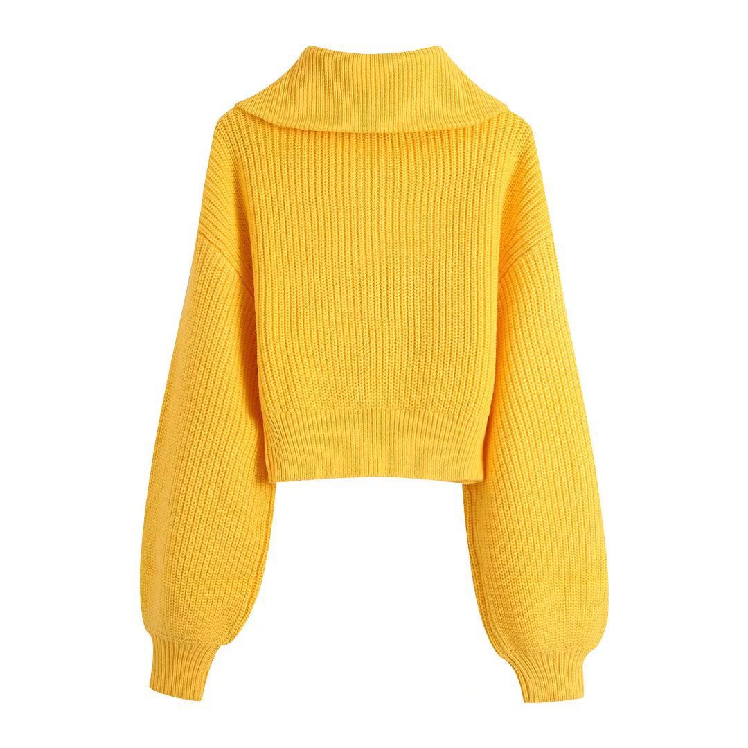 Short Yellow Half Zip Turtleneck Pullover Retro Pillow Long Sleeve Sweater Knit