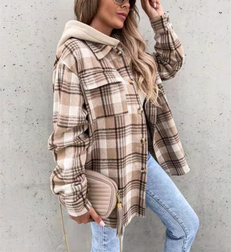 Fashion Lapel Hooded Loose Long Sleeve Women's Plaid Woolen Coat Khaki - Shop at LoveMi