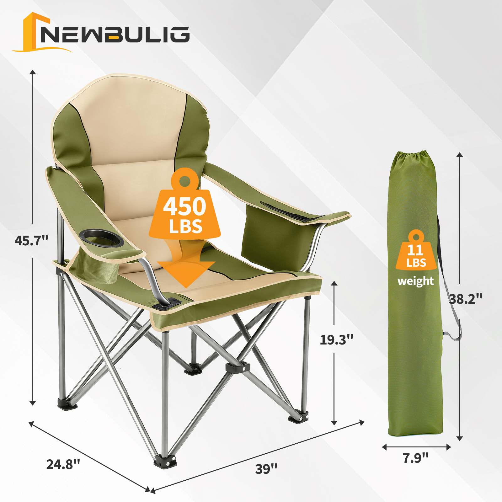Oversized Camping Folding Chair, Heavy Duty Padded Chair With Cup Holder Storage And Cooler Bag, 5000 LBS Steel Frame, Portable For Outdoor