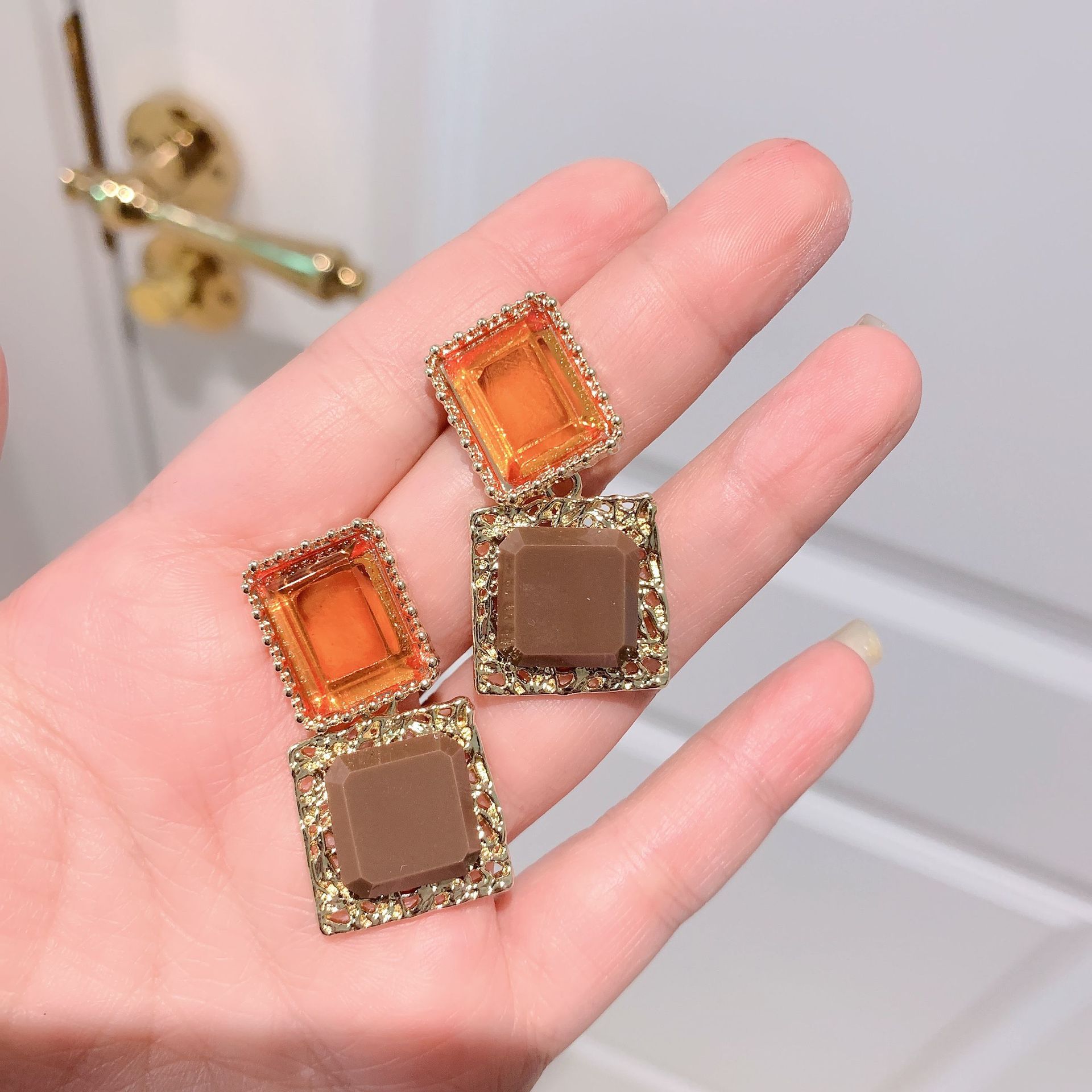 Clear Crystal Beaded Cherry Earrings Square Diamonds Warm Orange