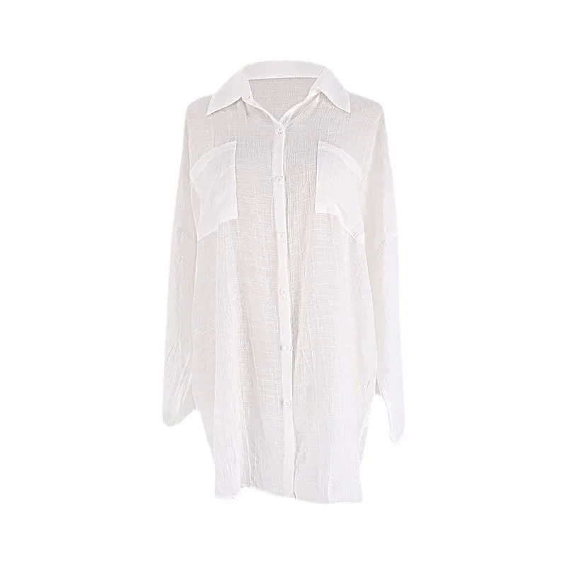 Ladies Slub Shirt Beach Jacket - White
