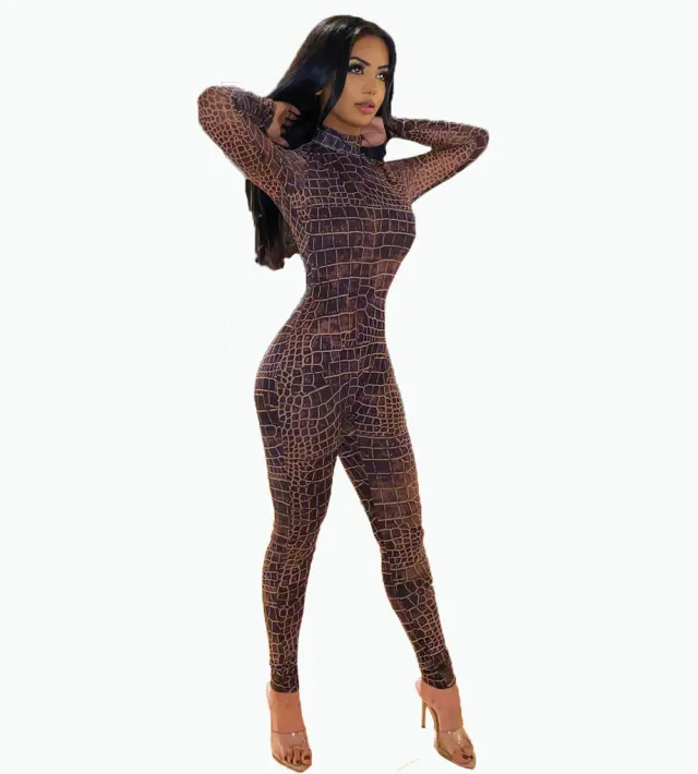 Plus Size Women's Crocodile Skin Pattern Mesh Jumpsuit Coffee - Shop at LoveMi